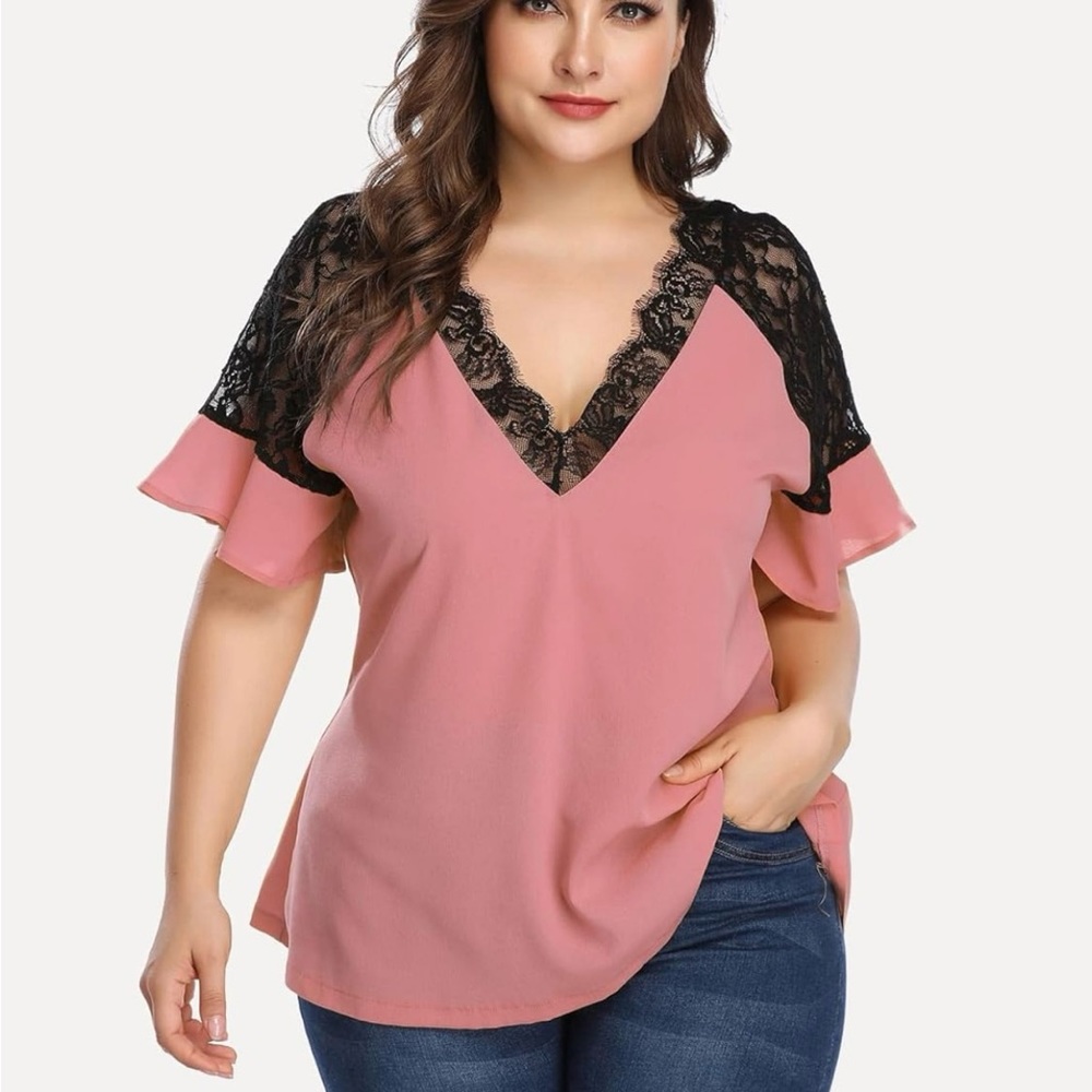 Yoins Women's Elegant Short Sleeve Lace Deep V Neck Flounce Blouse size 0XL